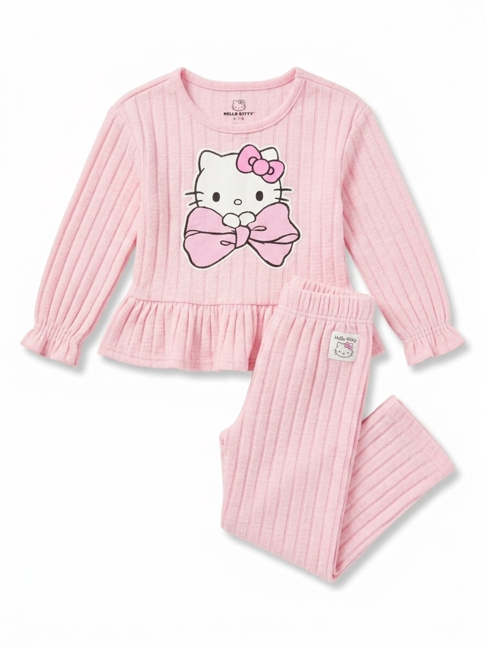 Hello Kitty Pink Ribbed Peplum Kids Pajama Set